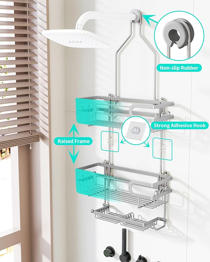HapiRm Bathroom Hanging Shower Caddy - Rustproof Shower Shelf with 12 Hooks and 2 Soap Holders, No Drilling Bathroom Organizers and Storage - Silver