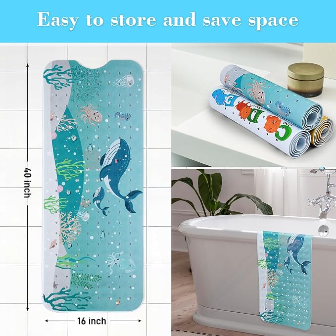 Secopad Bath Mat for Tub Non Slip, Machine Washable Anti-Slip Cartoon Baby Bathtub Shower Mat with Drain Holes and Suction Cups for Toddler & Kids (40 Inch x 16 Inch-Rectangular, 2-Whales)