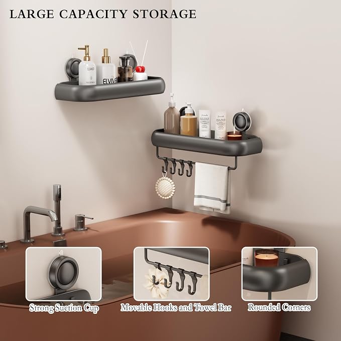 CICUFY Shower Caddy Suction Cup, 1 Pack No Drilling Corner Shower Shelves, Rust Proof Bathroom Storage Organizer, Shower Corner Caddy with Removable Hooks and Towel Bar, Square, Grey