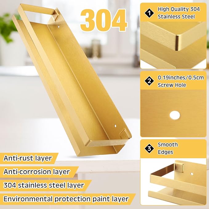 Lallisa 2 Pieces Stainless Steel Shelf Bathroom Shower Floating Shelves Wall Mounted Shower Caddy Basket Shelf Storage Organizer Shelves for Bathroom, Kitchen, Living Room(15.75 Inch/ 40 cm,Gold)