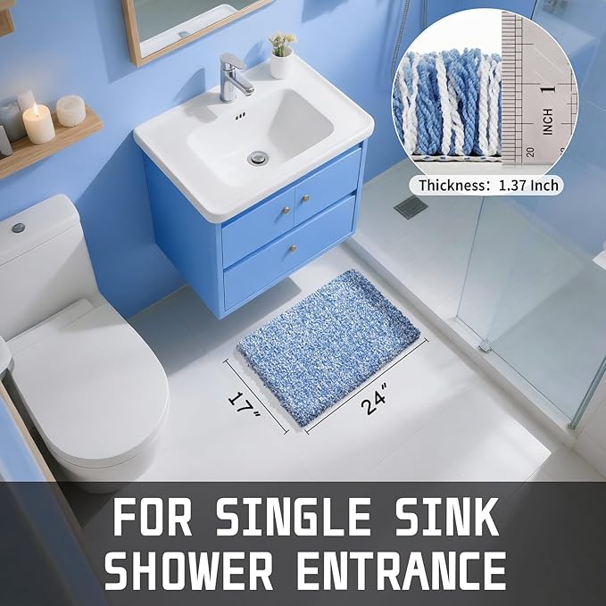 Yimobra Bathroom Rugs Non Slip Washable, Ultra Soft and Water Absorbent Bath Mats, Plush Fluffy Shower Mat Outside, Microfiber Thick Matts for Bathroom Floor/Sink, 24X17, Blue and White