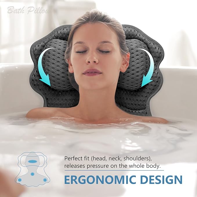 SetSail Bath Pillow, Relaxing Bath Pillows for Tub Neck and Back Support Soft 4D Breathable Air Mesh Ergonomic Bathtub Pillow with 6 Strong Suction Cups and Hook Luxury Bathroom Accessories,Black