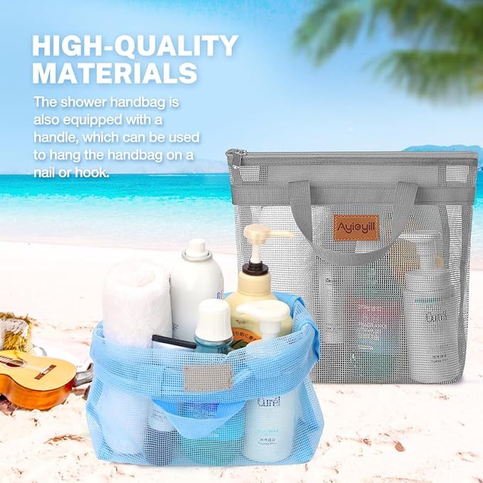 Portable Mesh Shower Caddy Tote, Quick Dry Tote Bag Mesh Beach Bags for Women, Hanging Toiletry and Bath Organizer for Travel Swimming Sports Gym Camp Shopping College Dorms (2pcs,sky Blue-Gray)