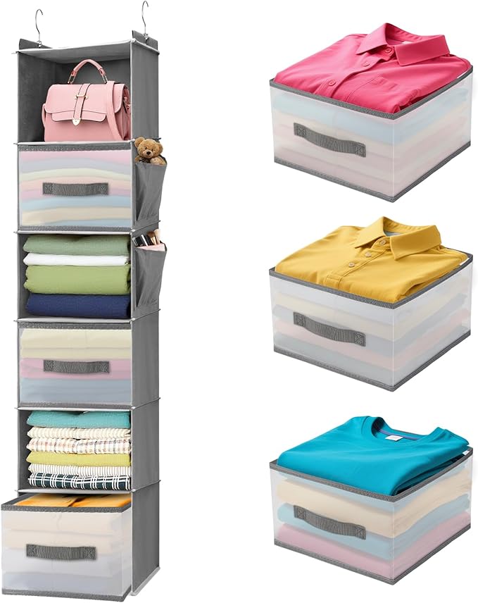 Hanging Closet Organizer and Storage,6-Shelf Closet Hanging Storage Shelves with 3 Drawers,Hanging Camping & Dorm Clothes Organizer, Grey
