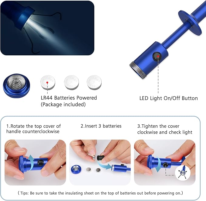 Housolution 28.34in Grabber Tool Magnetic Four-Claw Picker, Bendable Hose Reacher Pickup Sweeper with LED Light Battery, Flexible Long Handy Reaching Assist Tool for Litter Pick/Home Sink/Drain, Blue