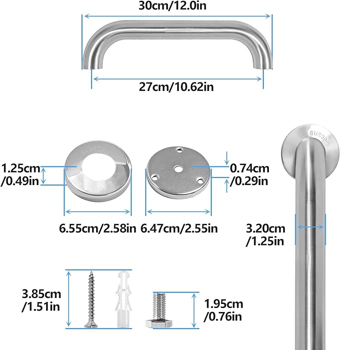 Shower Grab Bar, 2 Pack 12 Inch Brushed Nickel Bathroom Safety Bar, 1.25" Diameter 304 Stainless Steel Grab Bars for Bathtubs and Showers, Handicap Shower Grab Bar for Seniors Elderly