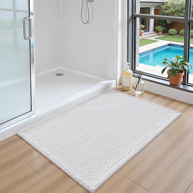 DEXI Bathroom Rugs 24x16, Non Slip Washable Bath Mat, Absorbent Chenille Bathmat, Ultra Soft Thick Carpet for Tub Shower Floor, White