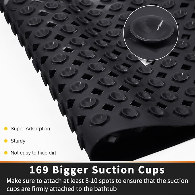 Yimobra Square Shower Mat Non Slip, Super Strong Suction Cups, 21"X21" Bath Tub Mat with Drain Holes, Machine Washable Fast Draining Bath Mats, Bathroom Essentials,Black