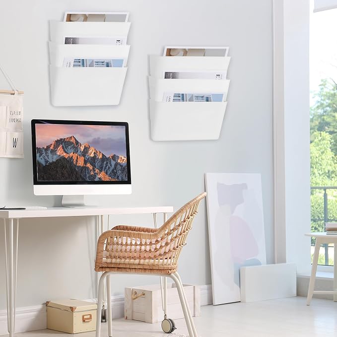 EASEPRES 6 Pack White Plastic Single Pocket Hanging File Organizer, Wall Mount Paper Mails Magazines Holder, Mounted Folder Bins for Office School and Home, 12.99x4.13x7.48 inches