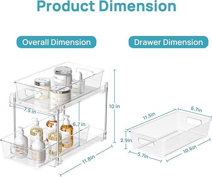 Vtopmart 8 Pack Bathroom Organizer, 2 Tier Clear Under Sink Organizers Vanity Countertop Storage Container,Cabinet Drawers Bins, Pull-Out Organization with Track for Pantry, Kitchen