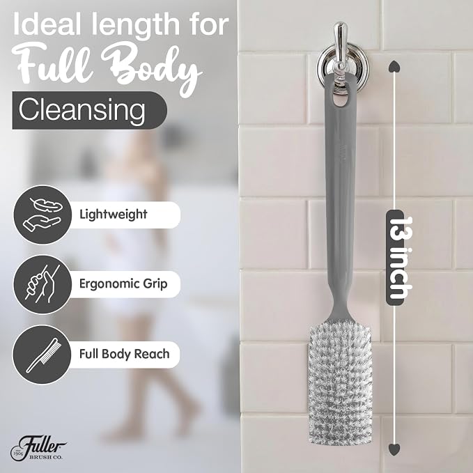 Fuller Brush Bath Brush with Long Handle - 13 Inch Back Scrubber for Shower - Gentle Exfoliating Body Brush for Wet or Dry Brushing - Ergonomic Non-Slip Grip with Hanging Hole – Dove Gray