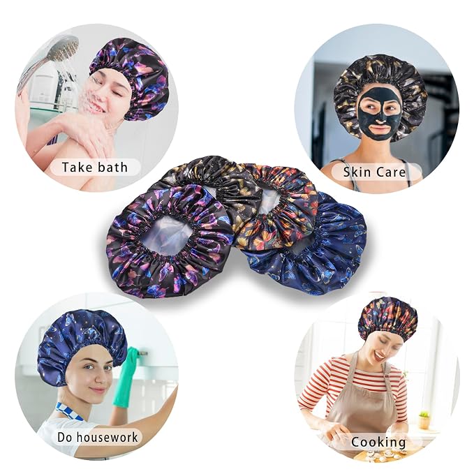 4 PCS Shower Cap for Women, Elastic and Reusable Bath Caps, Double Layers Shower Caps Reusable Waterproof, Bathing Shower Caps, Environmental Bath Hair Protection Cap - Butterfly A