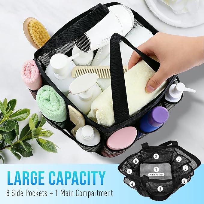 Mesh Shower Caddy Portable, Shower Tote Bag for Dorm Room Essentials, 8 Pockets Large Shower Basket for College Gym Beach Camping (1, Black)
