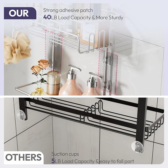 SWTYMIKI Bathroom Shower Caddy Hanging - 3 Tier Rustproof Over Shower Head Organizer, No Drilling Bathroom Shelf with 16 Hooks & Soap Holder, Anti-Swing Rack, Sand Nickel