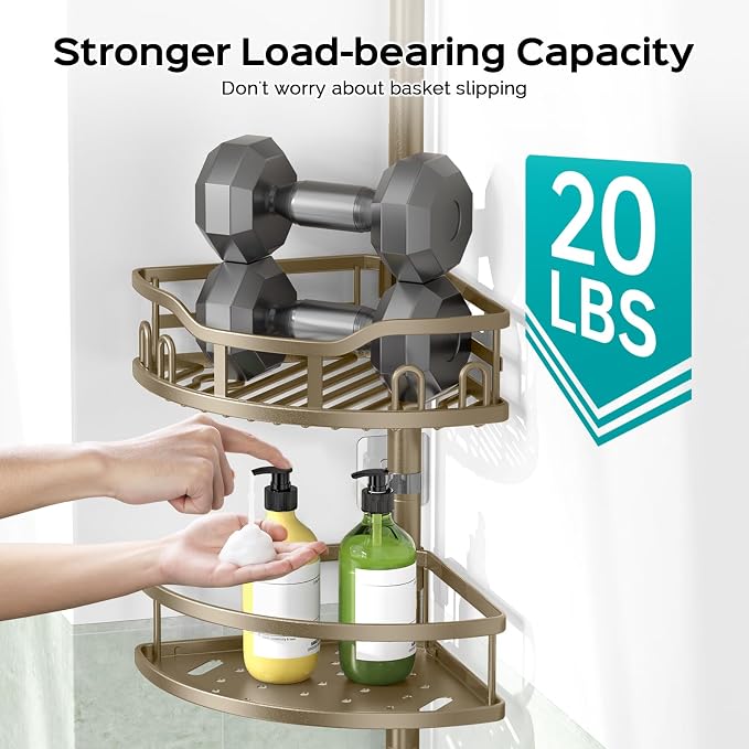 HAMITOR Corner Shower Caddy Tension Pole: Rustproof 4-Tier Bathroom Organizer Shelves for Bathtub Shampoo Storage - 47-121 Inch Quick Install Adjustable Rod Standing Rack with Soap Rack -Tan Khaki