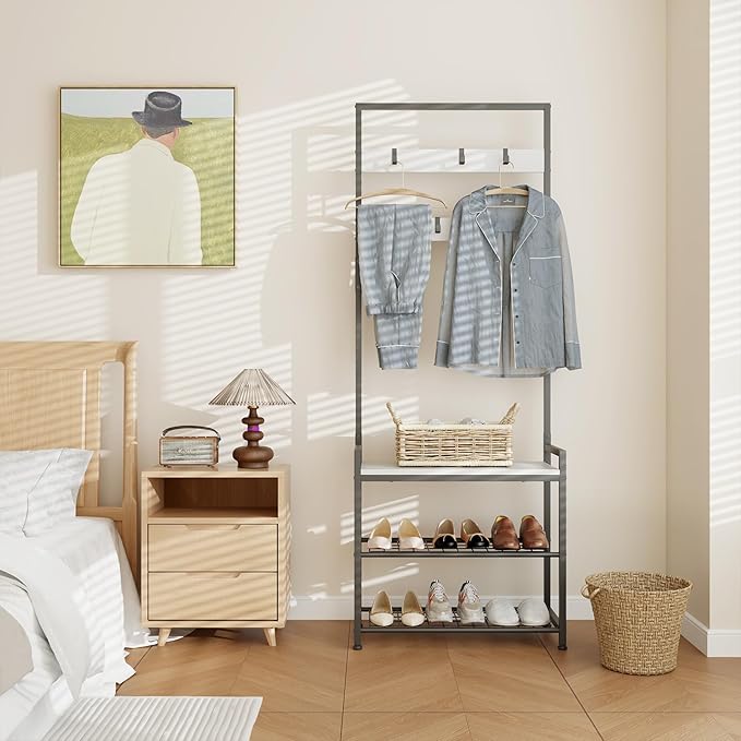 Hall Tree with Shoe Storage Bench - Entryway Bench with Coat Rack and Hooks - 3-in-1 Small Hall Tree for Entry Way, Entrance, Hallway, Doorway, Front Door, Mudroom, Small Space - Rustic Brown