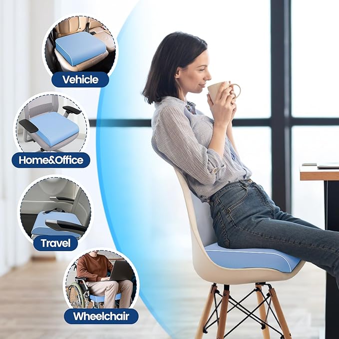 SweetSlubr Seat Cushion for Tailbone Pain Relief, Office Chair Cushion, Memory Foam Large Chair Cushion with Non-Slip Cover for Soft Support at Office Chair, Car Seat, Airplane Light Blue/X-Large
