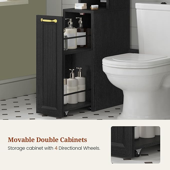 UPOSOJA Over The Toilet Storage Cabinet with Pulley, Bathroom Cabinet, Space Saver W/Adjustable Shelf Rack for Bathroom, Restroom, Laundry (Black-Type A)