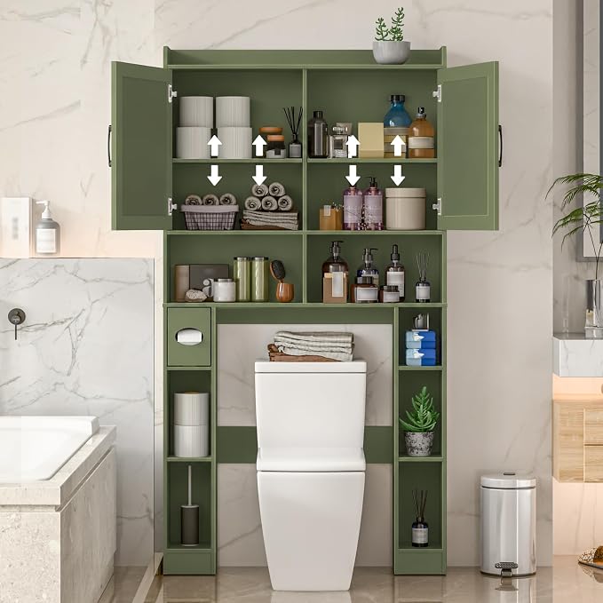 Vabches Over The Toilet Storage Cabinet, Farmhouse Toilet Cabinet Rack with Barn Doors, Space Saving Bathroom Organizer with Shelves, Toilet Paper Holder and Towel Rack for Bathroom,Laundry, Green
