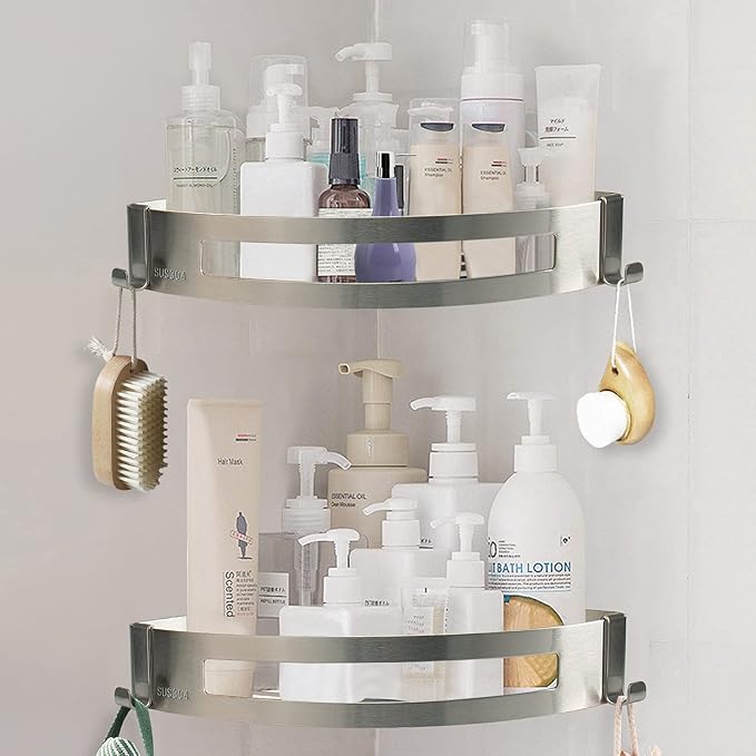 NearMoon Bathroom Shower Caddy 2 Pack, 304 Stainless Steel Shower Organizer with 2 Hooks, No Drill (Corner Shelf, Brushed Nickel)