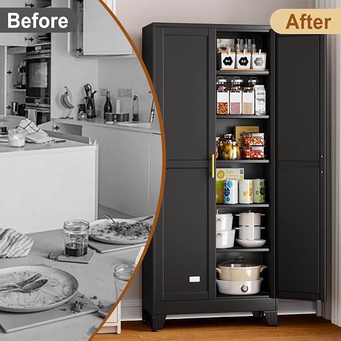 75" Black Metal Garage Storage Cabinet with 2 Doors and 5 Adjustable Shelves,Kitchen Pantry Cabinet,File Cabinet,Steel Tool Cabinet for Home,Office,Garage,School,Warehouse