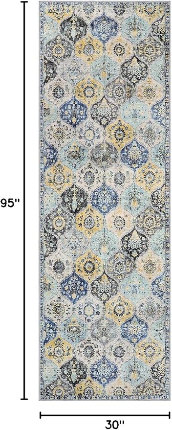 Lahome Moroccan Washable Hallway Runner Rug, 2'5''x8' Ultra-Thin Carpet Runners for Hallways Kitchen, Oriental Non-Slip Laundry Room Rug for Entryway Bedroom Bathroom Elise, Yellow/Aqua