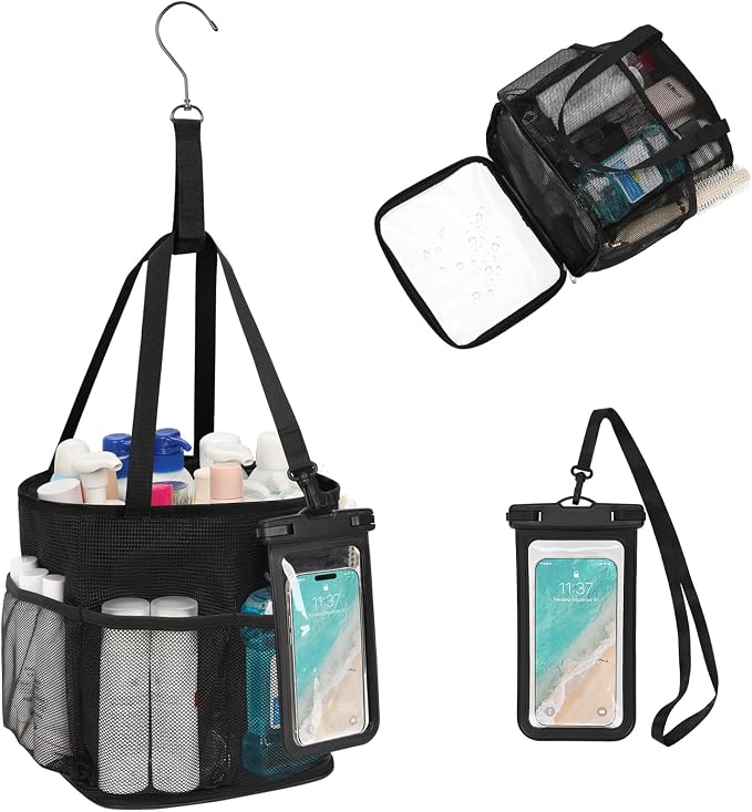 Mesh Shower Caddy Portable for College Dorm Room Essentials, Hanging Shower Caddy with Waterproof Phone Pouch, Large Capacity Shower Bag Basket Tote for Bathroom, Gym, Camping, Swimming, Beach, Black