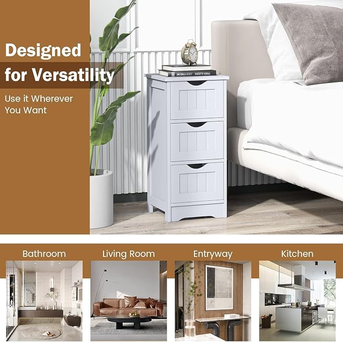 Floor Cabinet with 3 Drawers, Freestanding Side Storage Organizer, Wooden Storage Cabinet for Bathroom Home Office Living Room(White)