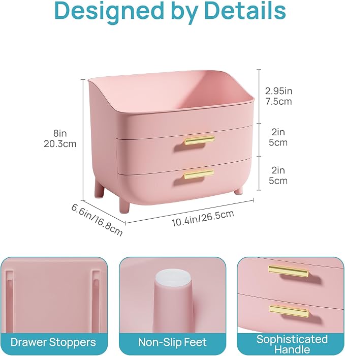 Vtopmart 3-Tier Skincare Makeup Organizer with Drawers for Vanity and Bathroom Countertop, Large Cosmetic Storage Box Case for Dresser, with Non-Slip Base, Pink