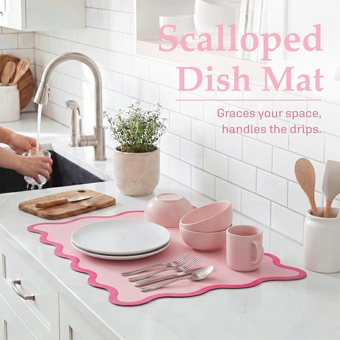Scalloped Dish Drying Mat for Kitchen Counter, Absorbent Easy Clean Non-slip Coffee Bar Station Accessories, Trendy Cute Aesthetic Modern Drainer Kitchen Drying Mat, Pink 12" x 19"
