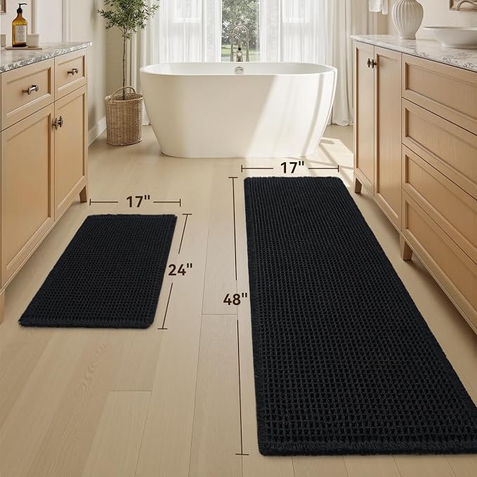 Upgraded Waffle Bath Mat Set of 2 Super Absorbent Non Slip Bath Mats for Bathroom Floor, Washable Boho Bathroom Rugs Set 2 Pieces with Tassels, Soft Bathroom Mat Set, Black, 17" x 24" Plus 17" x 48"
