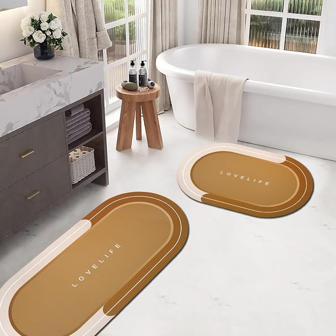 Rubber Bath mats Quick-Drying Non-Slip Bathroom mat Super Absorbent Bath mat Instant Dry Bath mat, Bathroom Rug in Front of The Kitchen Sink, Shower Room, Bathtub, Oval(Brown+16.9x26.7in+16.9x35.4in)