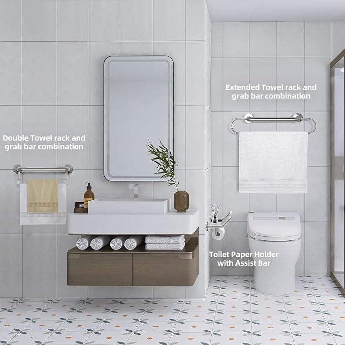Grab Bar Toilet Paper Holder Combo, 3-in-1 Bathroom Grab Bar with Paper Holder and Phone Shelf, 304 Stainless Steel Safety Bars, Toilet Paper Assist Bars, Toilet Grab Bar for Seniors, Wall Mount