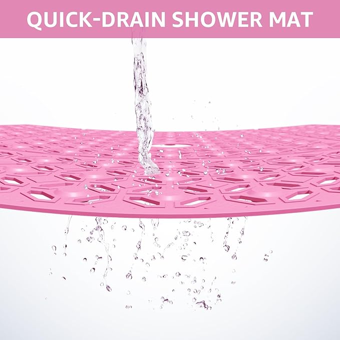 OTHWAY Square Shower Mat, 27"x 27" Extra Large Shower Mats for Inside Shower, TPE Anti Slip Shower mat with Suction Cups Drain Holes, Machine Washable Shower Floor Mat (Pink)