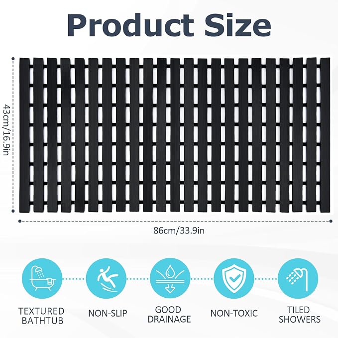 Black Weighted Non Slip Bathtub Mat Without Suction Cups,Textured TPE Bath Mat for Textured Tub & Shower Surfaces,Doesn't Float, Works on Tile and Stone(33.8”x 17”)