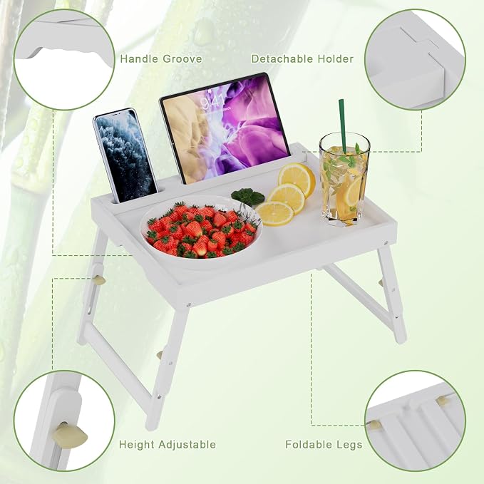 Artmeer Bed Tray Table with Folding Legs, Bamboo Breakfast Food Tray with Media Slot, Use As Platter, Laptop Desk, Snack, TV Tray Kitchen Serving Tray (White Large Adjustable Legs)