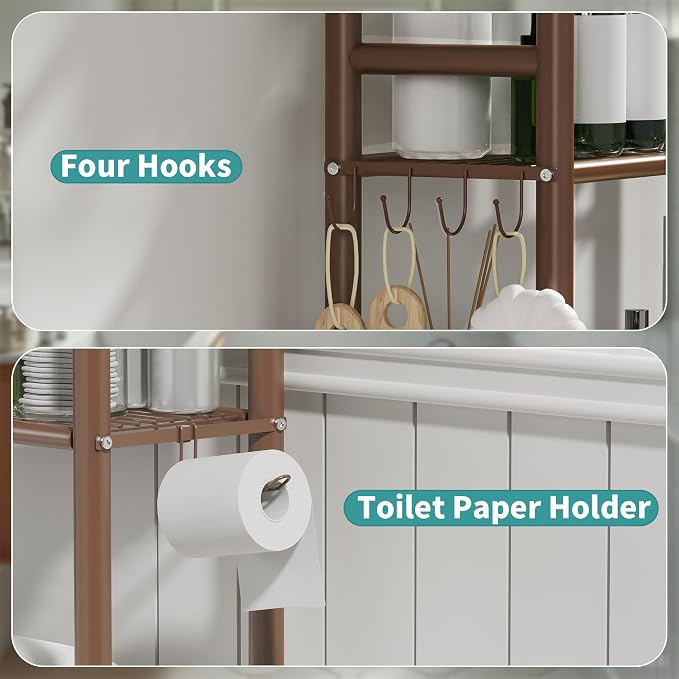 3-Tier Over The Toilet Storage Organizer, Space-Saving Bathroom Rack with Paper Holder & 4 Hooks, 64" Tall Freestanding Carbon Steel Shelf for Small Apartment Laundry Room (Bronze)