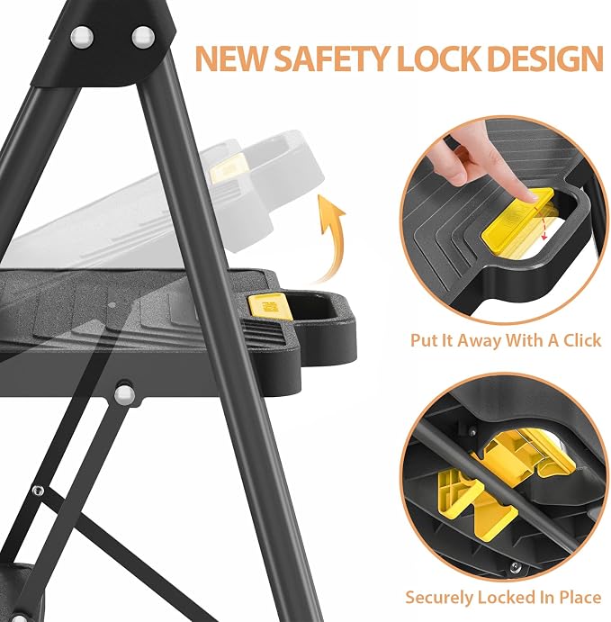 TOOLF 4 Step Ladder, Sturdy Steel Step Stool with Anti-Slip Wide Pedals, Handrail, Safe-Lock Design, Folding Portable Ladder for Multi-Purpose, Home, Kitchen, Pass 800lbs Load Testing, Black