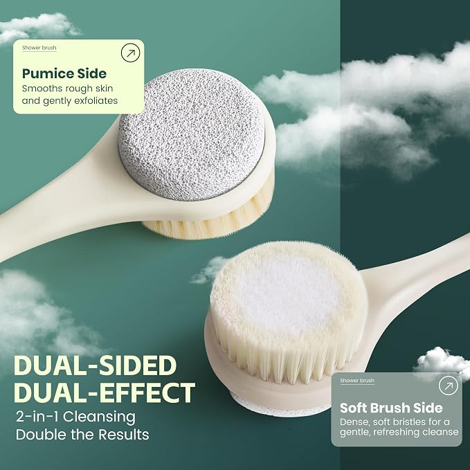 Back Scrubber for Shower, Long Handle Exfoliating Brush, Dual-Sided Bath Brush with Soft Bristles & Volcanic Pumice Stone, Anti-Slip Grip for Men & Women (Light Yellow)