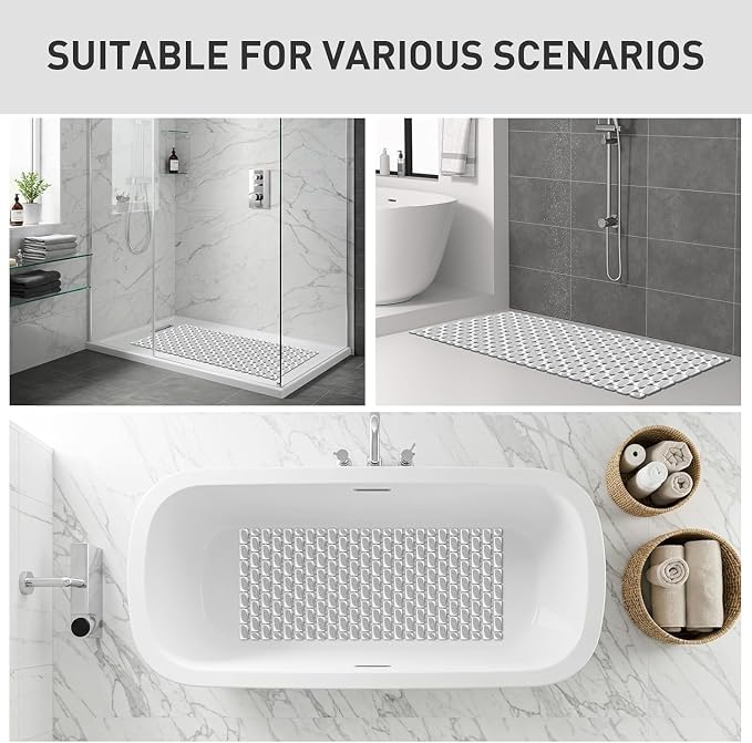 XIYUNTE Shower Mat Non Slip Bathtub Mat - 27 x 16Inches Soft Rubber Bath Mat for Tub Non Slip Bath Mat with Suction Cups and Drain Holes, Easy to Clean, Easy to Cut, Eco-Friendly, Grey