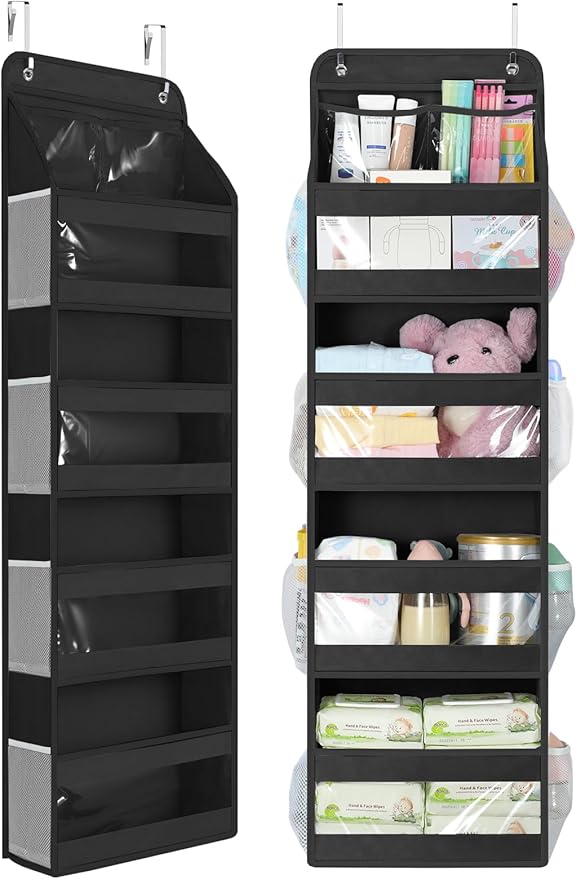 Yecaye 5 Tier 1Pc Over the Door Organizer, Swing-proof Door Organizer Hanging with Clear PVC Windows, Behind the Door Storage for Bedroom Nursery Closet Laundry Pantry Bathroom, Black
