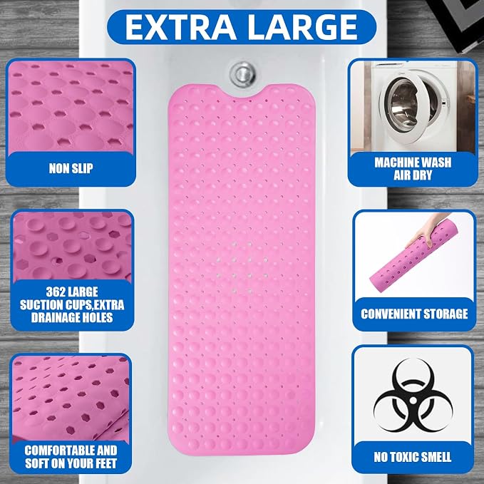 ZHICHENG Bath Tub and Shower Mats, Non-Slip 39 x 16 Inch Extra Long Bath Mat, Machine Washable Bathtub Mat with Drain Holes, Suction Cups for Bathroom (Pink)