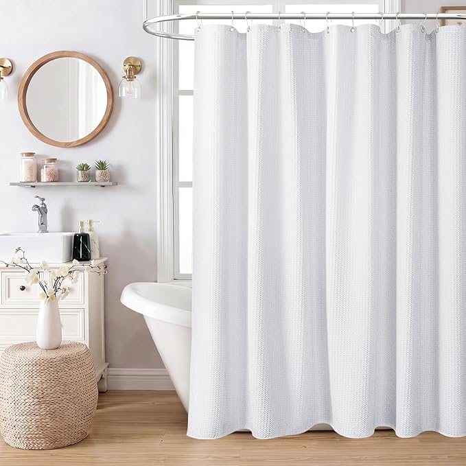 Dynamene White Fabric Shower Curtain, Waffle Weave Heavy Duty Thick Fabric Shower Curtains for Bathroom, 256GSM Weighted Hotel Luxury Cloth Shower Curtain Set with 12 Plastic Hooks, 72Wx72H, White