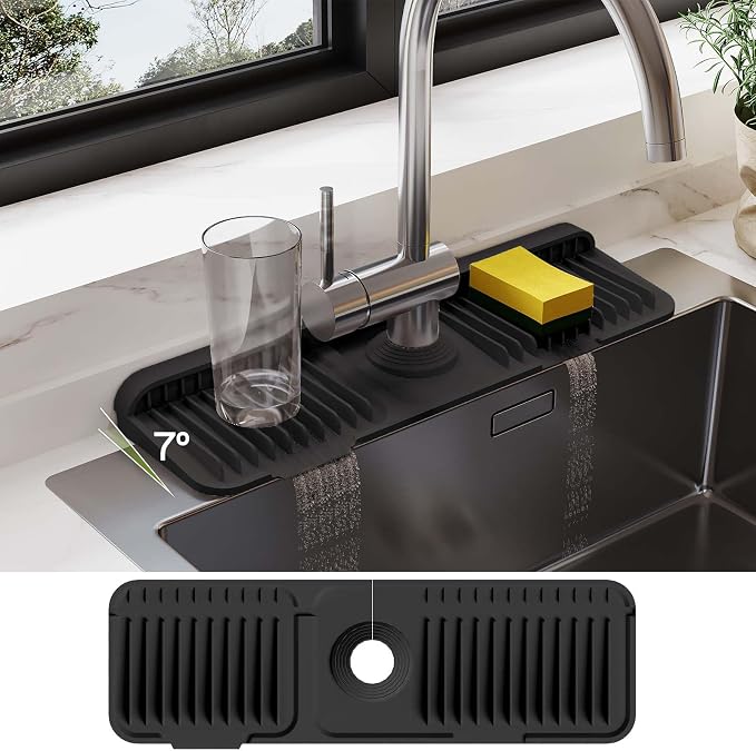 18 Inch Silicone Faucet Mat for Kitchen Sink Splash Guard – 2025 Upgraded Draining Mat with Water Tray Behind Faucet – Countertop Protectors to Catch Spills (Black, 17.7" x 5.5")