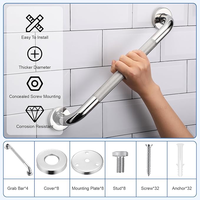 4 Pack 16 Inch Grab Bars for Bathtubs and Showers Anti Slip Shower Handle Stainless Steel Bathroom Grab Bar Holds Up to 500Lbs 1" Diameter Handicap Shower Grab Bars for Wall for Elderly and Disabled
