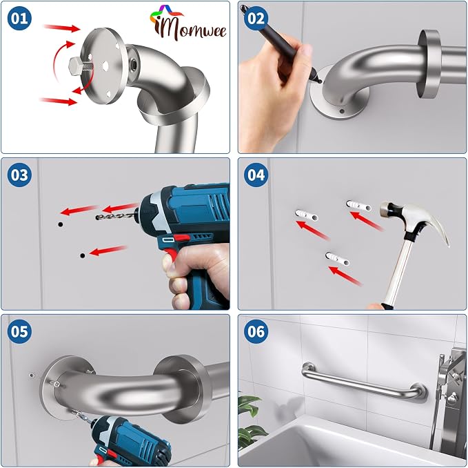 Satin Brushed Nickel Grab Bar 24 Inch x 1-1/2" Diameter, iMomwee 2 Pack Stainless Steel Bathroom Handrail, Safety Rail Shower Mobility Aid, Balanced Support Assist Handle for Elderly Seniors Disabled