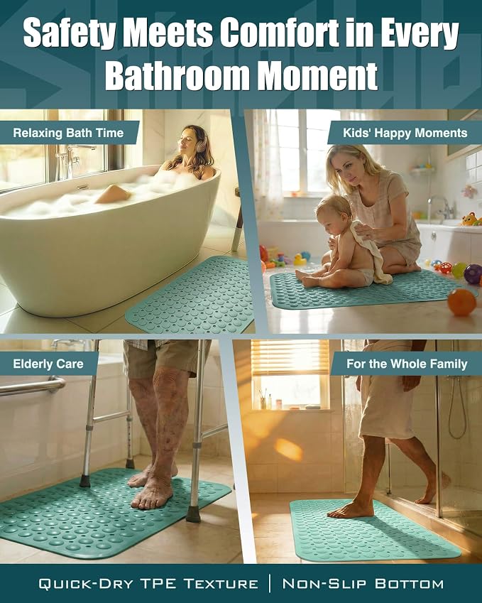 Non Slip TPE Bath Mat, Heavy Non Floating Shower Mat, 28x16, Green | Strong grip, 166 suctions, 144 drains, 7mm extra-thick cushioned layer, washable, for bathroom shower tub floor