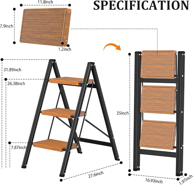 DIAMONDFORGE 3 Step Ladder, Lightweight Folding Step with Wide Anti-Slip Pedal & Feet, 330 lbs Capacity,Sturdy Steel Step Ladder for Home,Kitchen and Office,Woodgrain