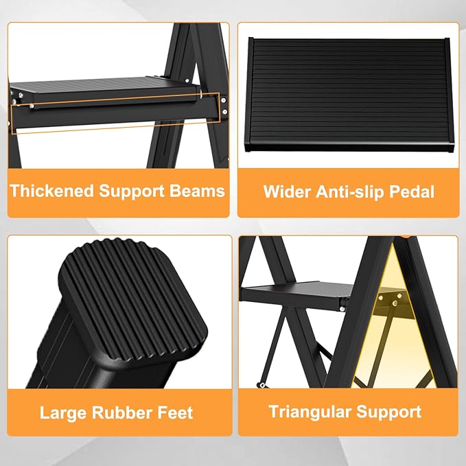 3 Step Ladder with Single-Handrail, Aluminum Step Stool Foldable, Lightweight Sturdy Step Ladder with Anti-Slip Pedals,Convenient Handrail for Home Kitchen Closet, 600lbs Max Load Capacity (Yellow)