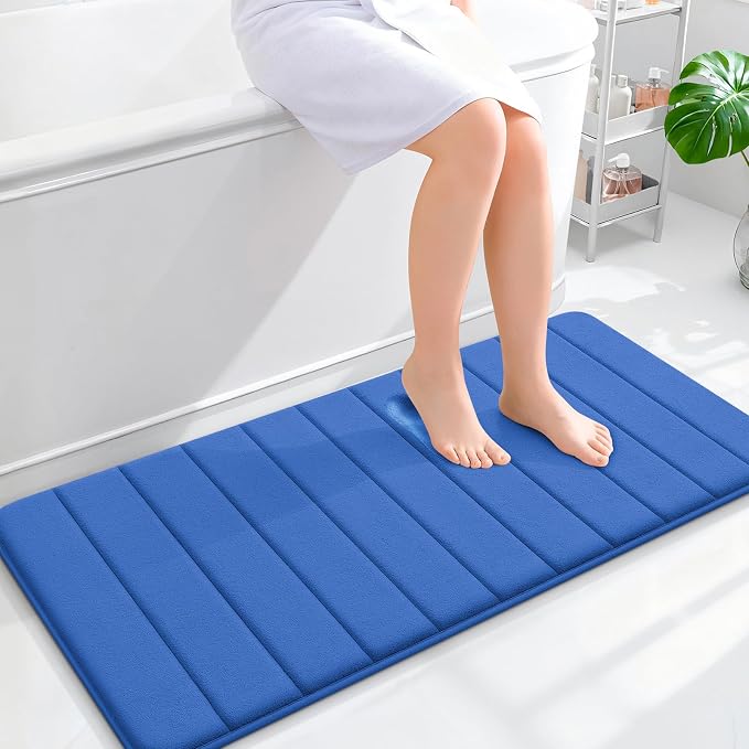 OLANLY Memory Foam Long Bathroom Rugs Runner 44x20, Super Soft Absorbent Bath Mat, Quick Dry, Machine Washable Shower Rugs, Bathmat Carpet, Bathroom Home Decor Accessories, Deep Navy Blue
